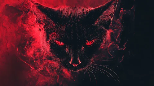 Ember-eyed shadow cat rising from crimson smoke veils.