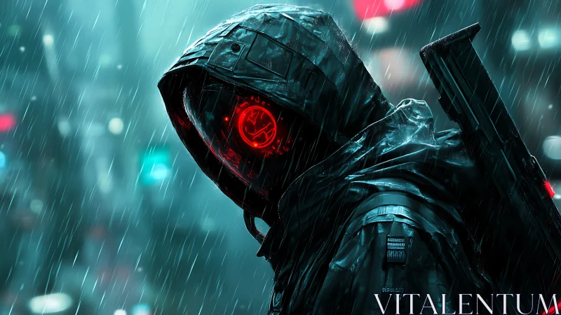 Cybernetic hooded figure in neon rain with red visor glow.