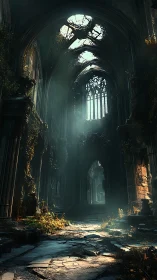 Ruined gothic cathedral interior bathed in ethereal light.