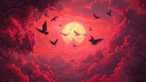 Crimson clouds swirl as dark birds cross a glowing full moon