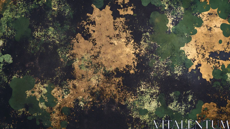 Abstract corroded surface renders mottled green and ochre fields