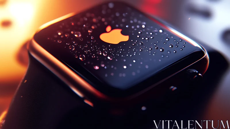 Smartwatch closeup with water droplets and vivid lighting