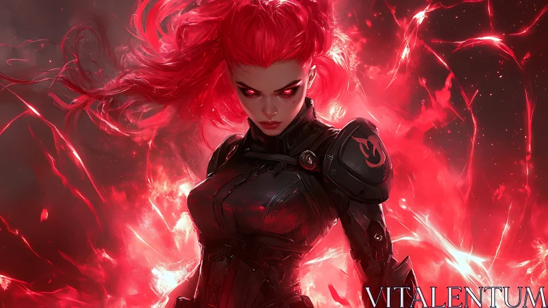Armored pyrokinetic warrior in red energy storm portrait