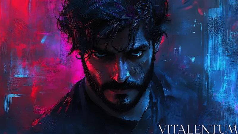 Chromatic split-contrast portrait under neon rim lighting.