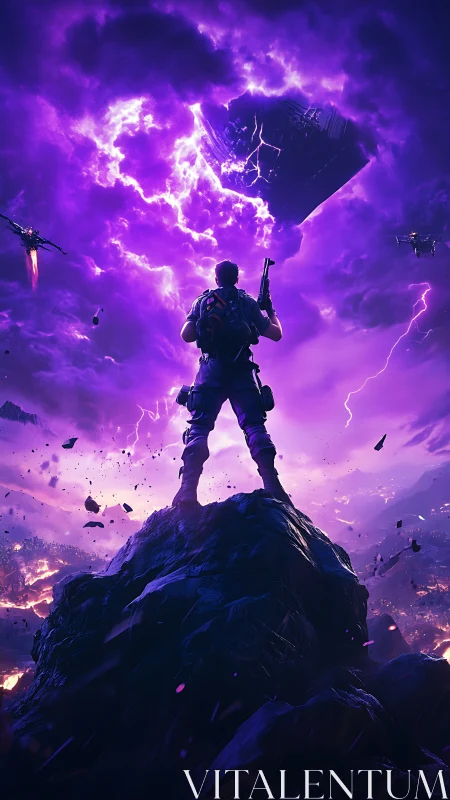 Solo soldier faces violet storm portal over burning valley.
