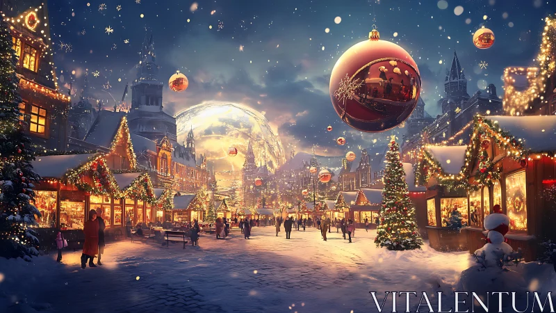 Snowlit Christmas market drifting beneath enchanted baubles.