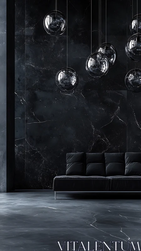 Parametric black interior with glass pendants and sofa geometry.