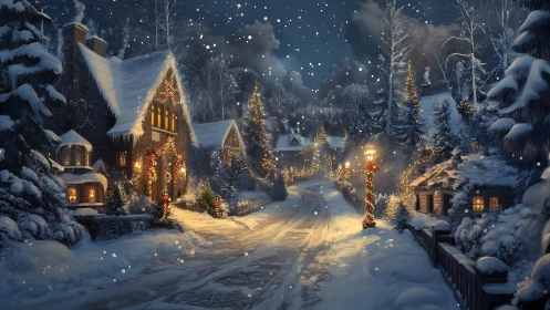 Snowy village street with warmly lit winter cottages.