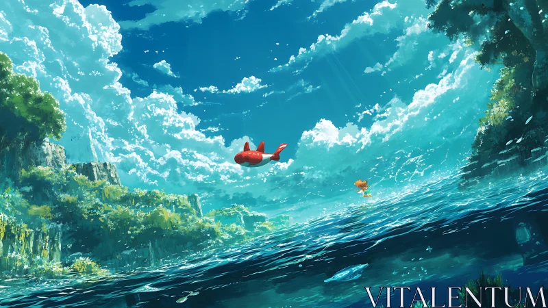 Stylized coastal seascape depicts aircraft above split ocean surface