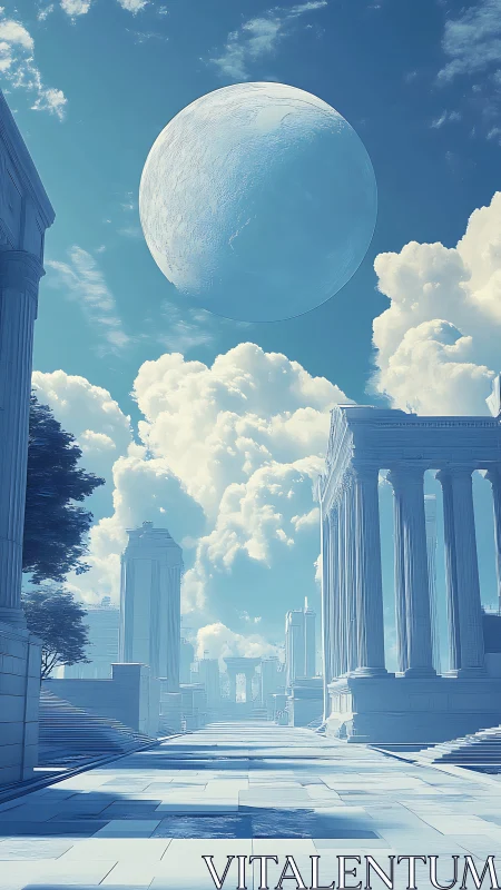 Neoclassical Celestial Avenue in Monochrome Blue Digital Painting.