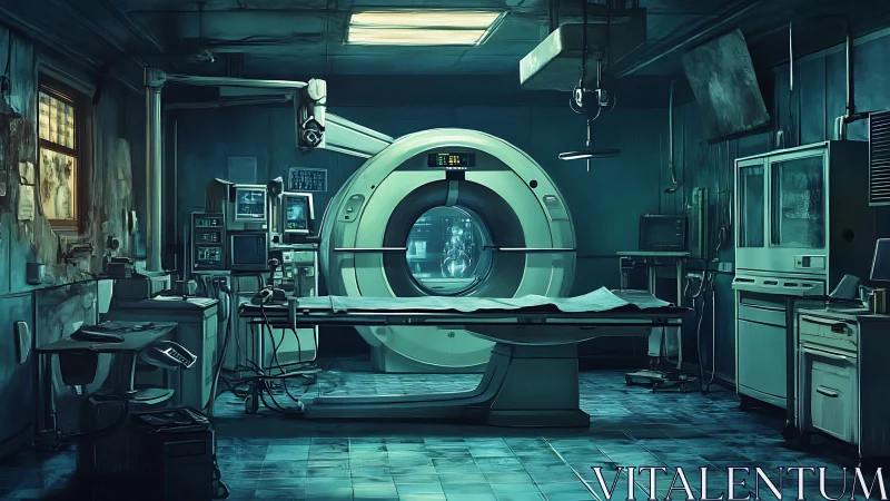 Ghost-lit scanner waits in a forgotten teal hospital theatre