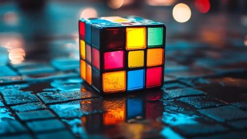 Rubik’s cube rests on wet pavement with neon reflections