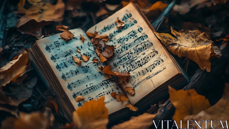 Weathered music book rests amid crisp autumn leaves