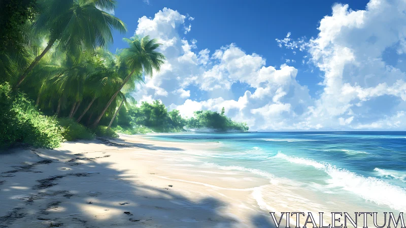 Tropical Paradise Beach with Palm-Lined Shoreline.