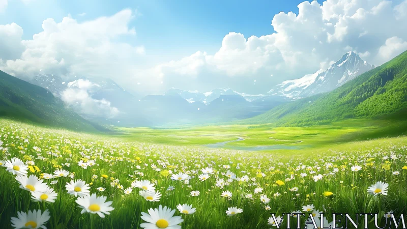 Wide daisy meadow under bright sky and distant mountains.