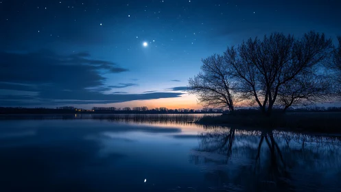 Blue twilight lake mirrors stars over silhouetted trees.