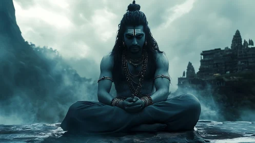 Stormlit mountain yogi in silent teal-swept twilight focus.