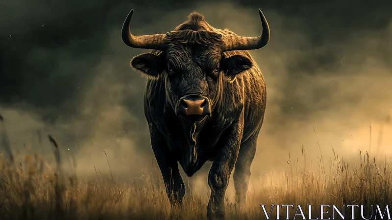 Powerful horned bull strides through dramatic golden haze.