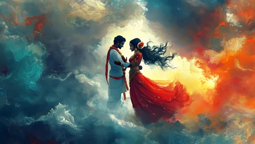 Star-Crossed Devotion: Lovers Embracing Across Celestial Divide.