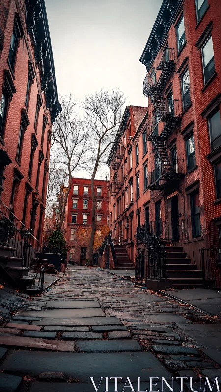 Narrow brick alleyway with wet cobblestones and fire escapes