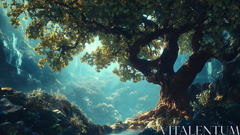 Ancient Tree Cavern with Turquoise Light.