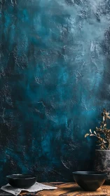 Dark ceramic bowls on wood with textured teal wall backdrop.