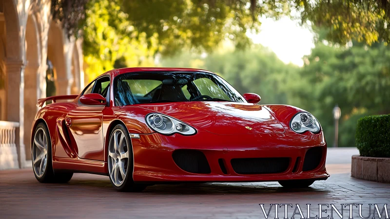 Red sports coupe parked on sunlit brick driveway.
