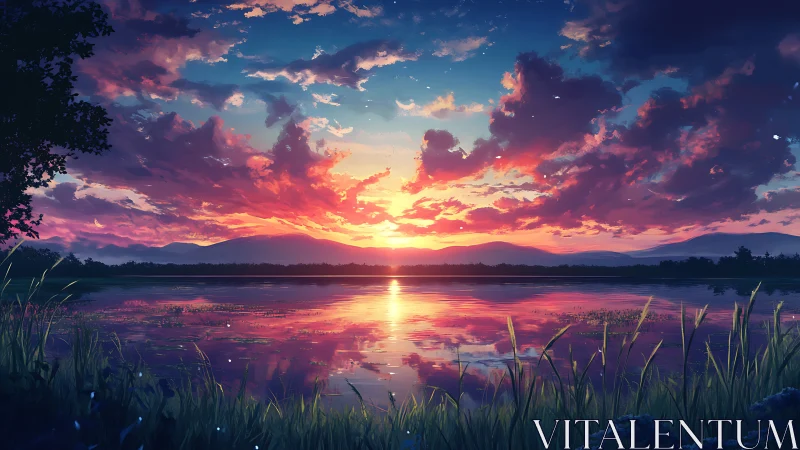 Sunset hush over a dreamy lakeside mirror of color.