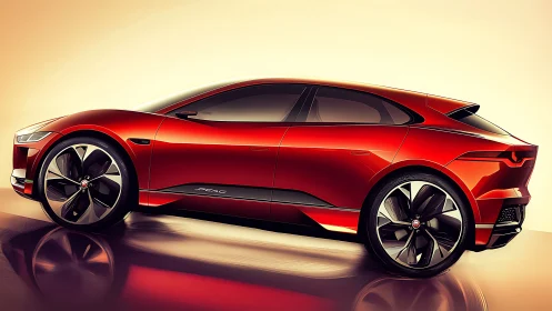 Side-profile study of red electric crossover with exaggerated highlights
