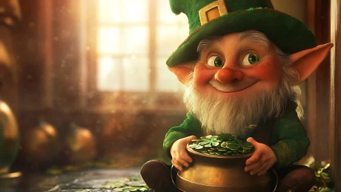 Cheerful leprechaun holding shamrock pot of gold coins.