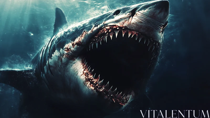 Close-up underwater view of open-mouthed shark attack scene.