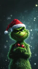 Mischievous green holiday creature smiles in twinkling snow