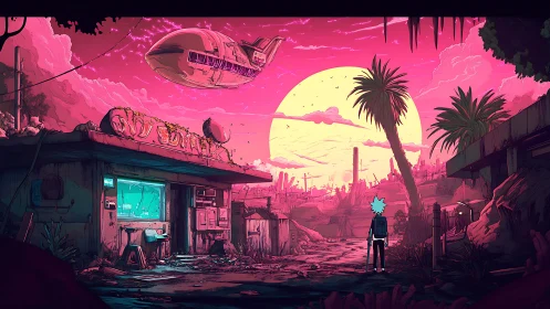 Neon magenta post apocalyptic roadside diner under alien sun