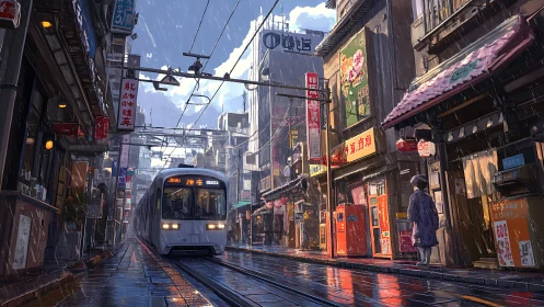 Rain-soaked urban tramway in neon-lit Japanese backstreet.