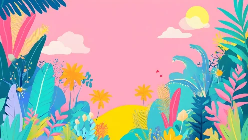 Vibrant tropical sunrise unfolds in a playful pastel jungle