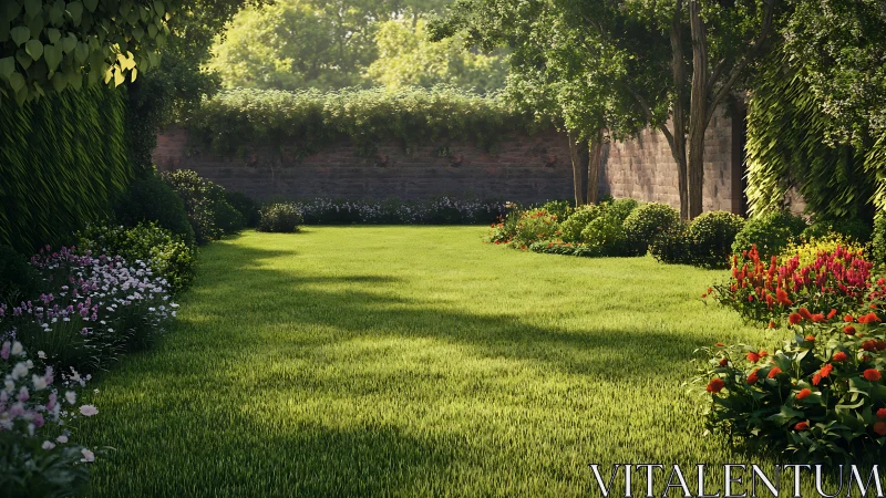 Sunlit walled garden lawn with lush flower borders.