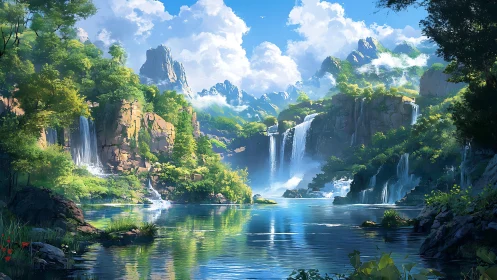 Layered mountain waterfalls above reflective forest lake.