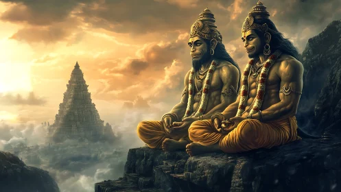 Two divine monkey figures meditate before distant temple