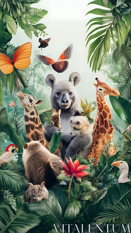 Jungle cuddle council of curious animals in lush green hush.