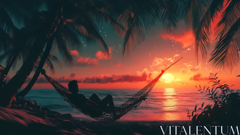 Silhouette in hammock watching vivid tropical ocean sunset.