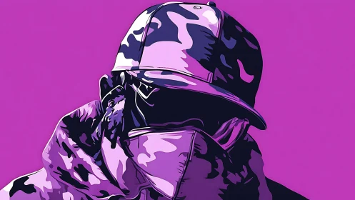 Neon camo shadow: hooded street ghost in violet silence.