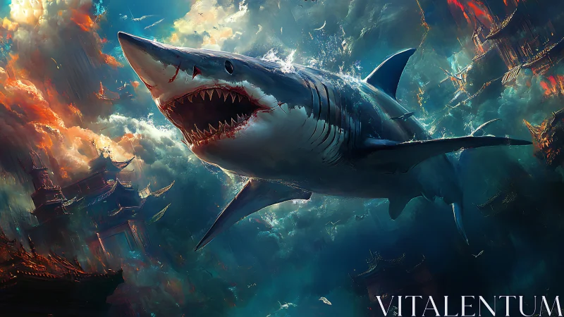 Colossal shark above submerged city in dramatic seascape.