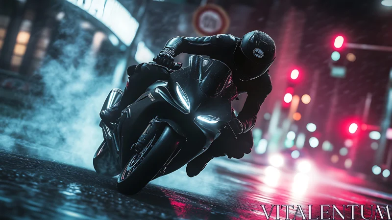 Night rider carving neon-lit streets in the pouring rain.