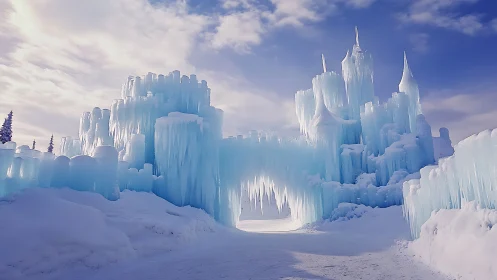 Glacial cathedral of icicles framing a sunlit winter passage.