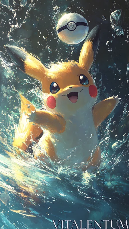 Pikachu jumps through turbulent water as a Poké Ball floats overhead