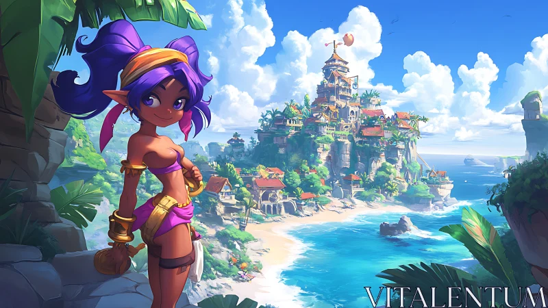 Tropical Fantasy Palace: Purple-Haired Character at Coastal Settlement.
