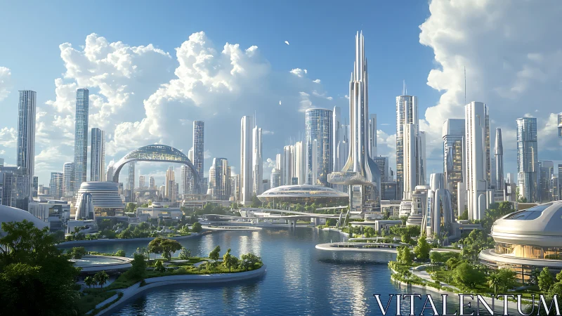 Futuristic riverfront cityscape with high rise towers and transit.