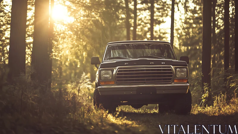 Sunlit forest drive with a classic Ford truck at rest.