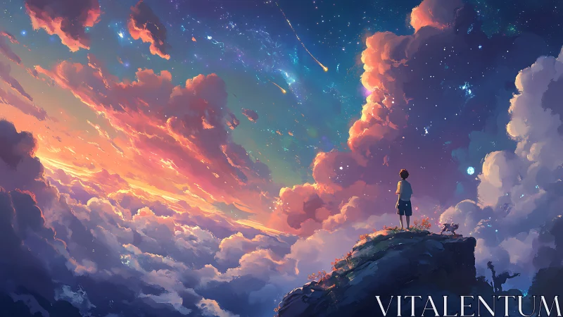 Child observing radiant nebula sky from elevated cliff edge