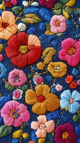 Vibrant Embroidered Florals on Indigo Ground.